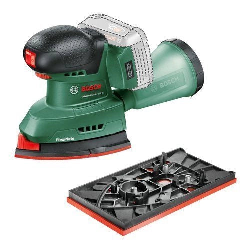 Bosch 06033E3100 UniversalSander Levigatrice orbitale a batteria 18V 12000-22000 oscillazioni-min con piastre triangolare e rettangolare colore Nero Verde