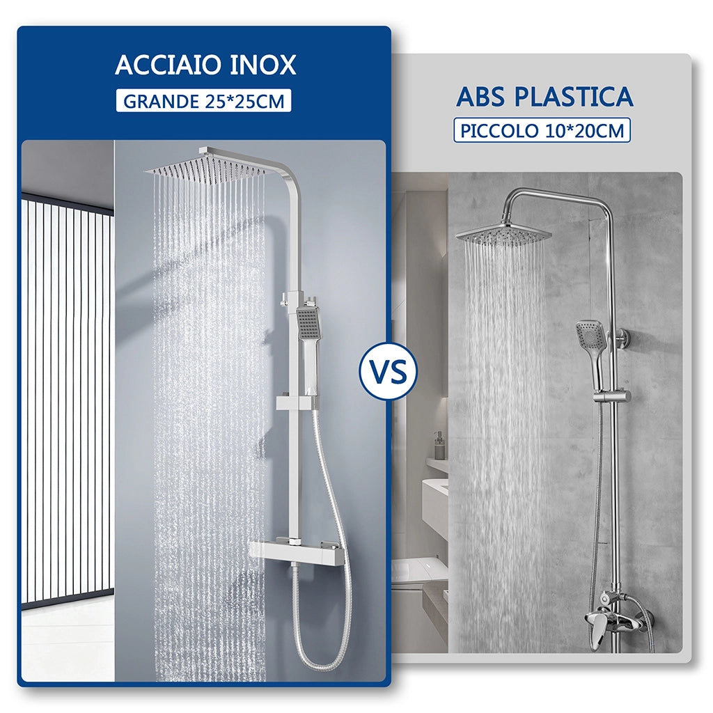 colonna doccia quadrata completo di miscelatore termostatico rettangolo, soffione quadrato 25x25cm, cromo
