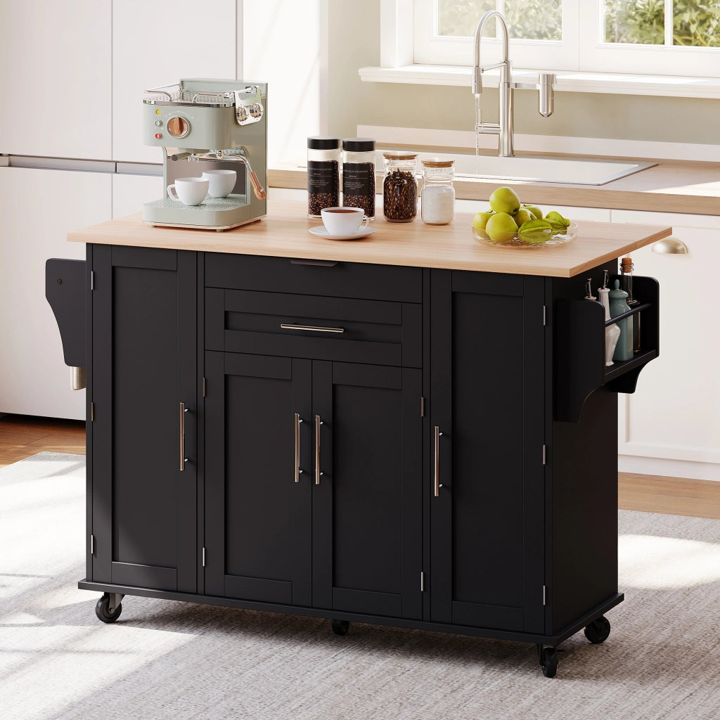 Isola cucina mobile in MDF nera e naturale con piano allungabile