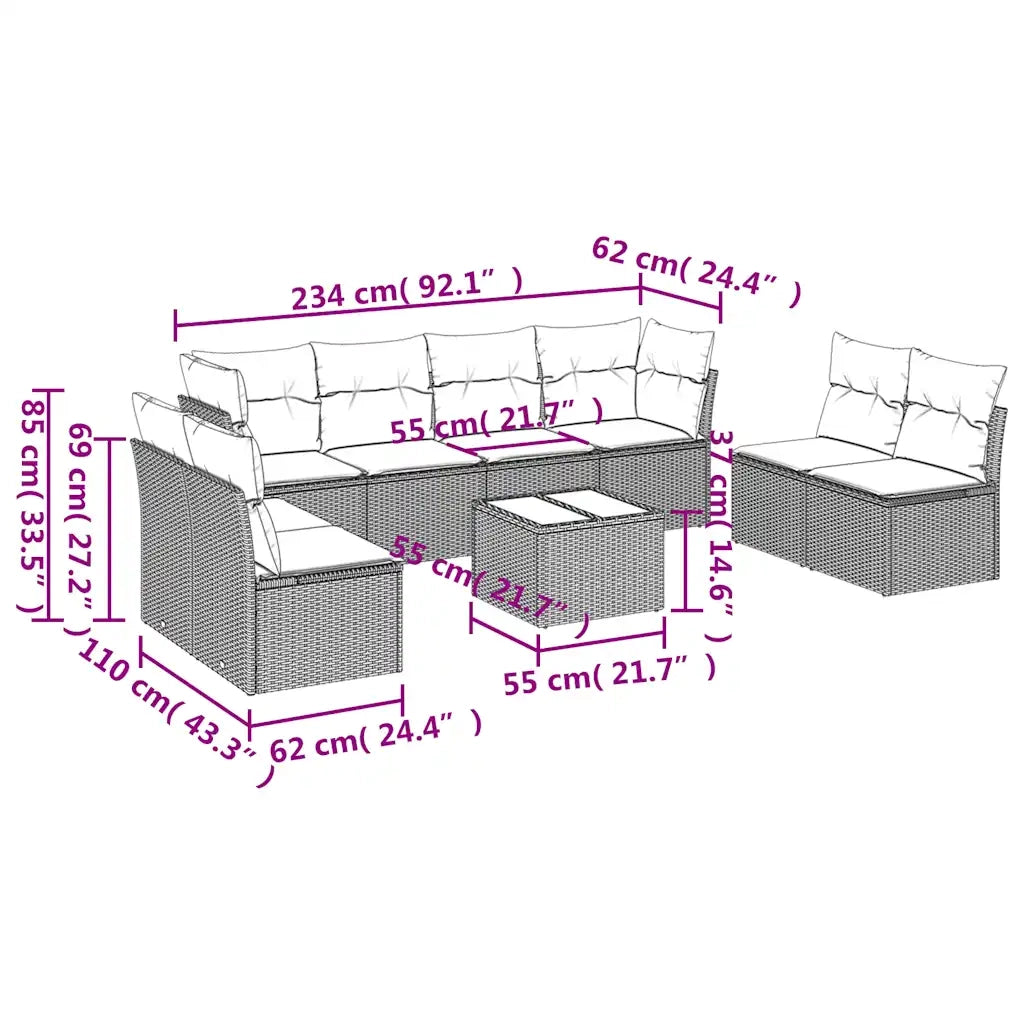 Set Divani da Giardino 9pz con Cuscini Marrone in Polyrattan 3217463