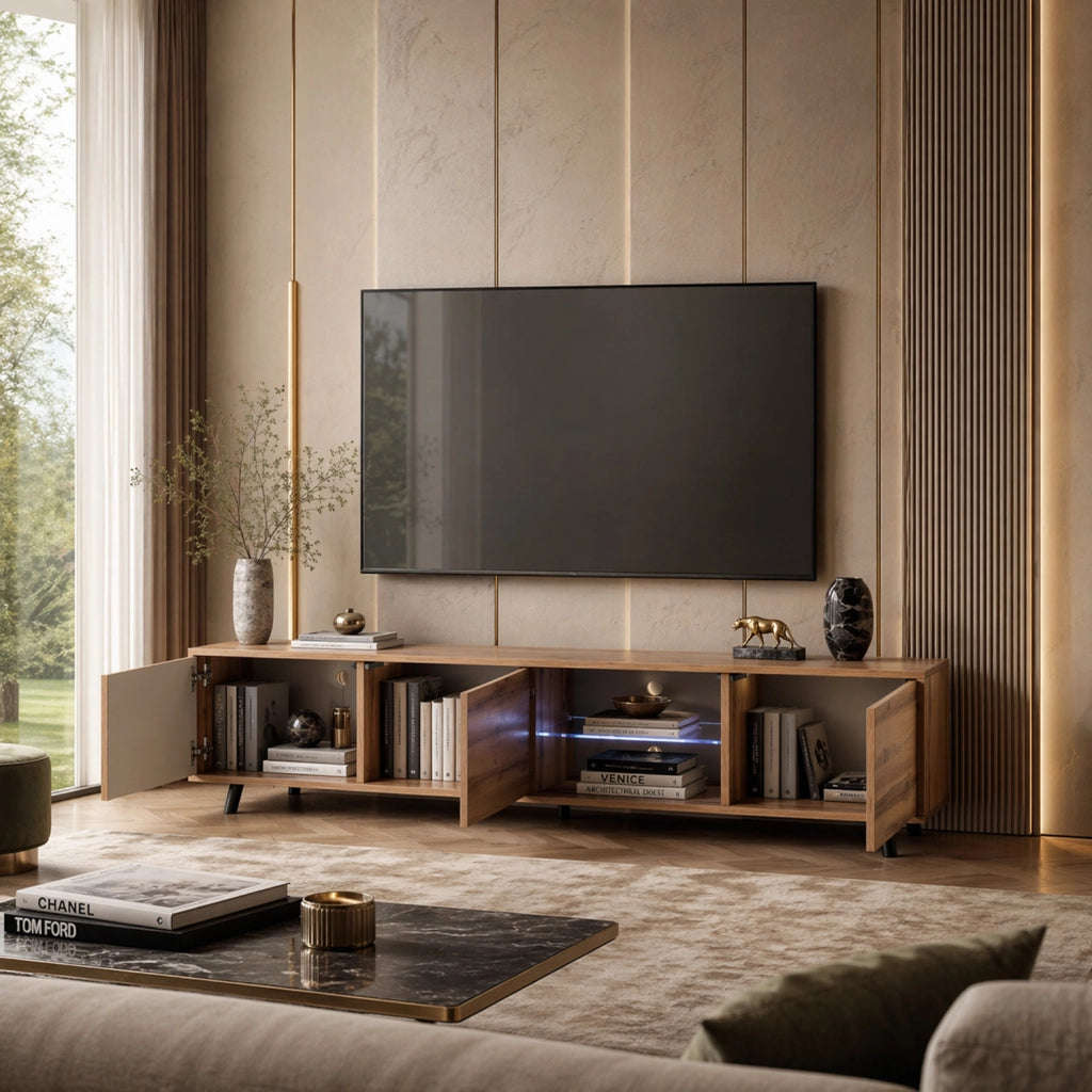 Porta Televisore Mobile TV Con 3 Ante Battenti Vano Centrale Ripiano In Vetro E LED In Melaminico Piedini In Metallo Per Soggiorno Salotto Zona Living 175 x 40 x 31.5 cm Rovere