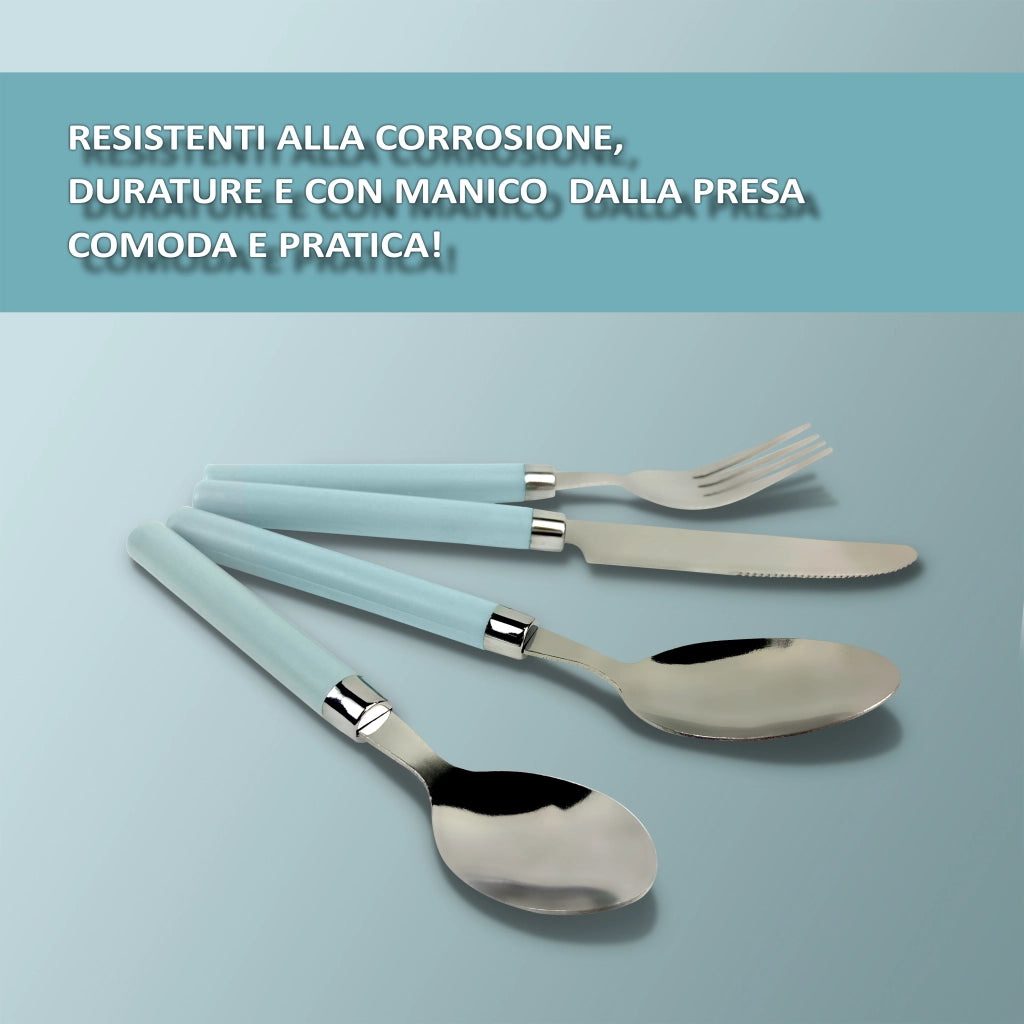 Servizio 24 Pezzi Posate Tavola Acciaio Inox Manici Colorati Tinta Unita Colori Moderni 6x Forchetta Coltello Cucchiaio Cucchiaino Lavabili Lavastoviglie Certificate Contatto Alimenti - Azzurro