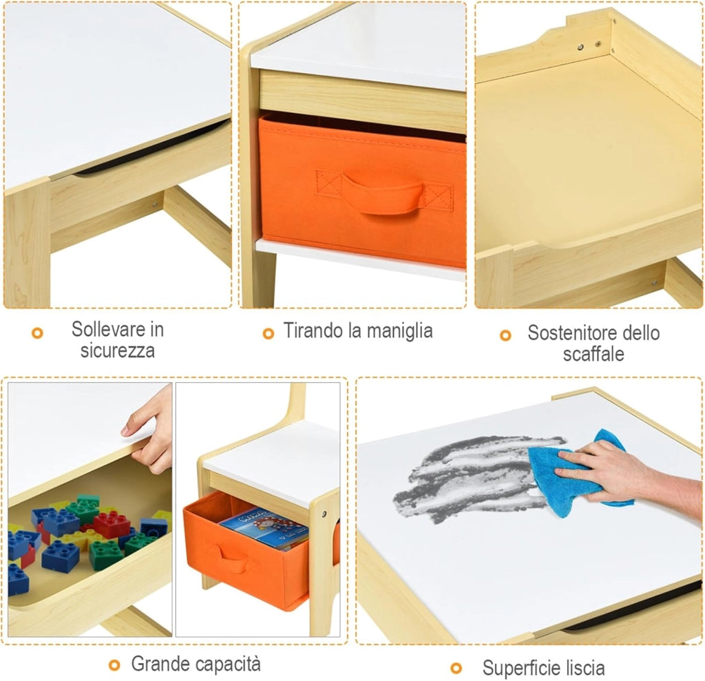 Tavolino Bambini 3 in 1, Set Tavolo e Sedie per Bambini con Lavagna Rimovibile e 2 Sedie con Cestini Portaoggetti, Scrivania Multiuso per Cameretta e Soggiorno (Legno)