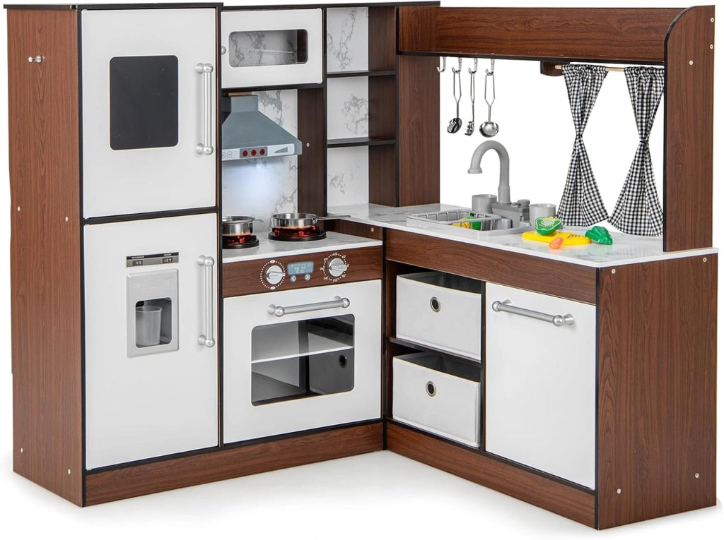 Set da Cucina Giocattolo in Legno, Cucina Giocattolo per Bambini con Accessori, Piano di Cottura con Luci e Suoni, Cucina Giocattolo per Divertimento ed Educazione, Età 3+ anni