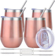 Set di 4 bicchieri in acciaio inossidabile per vino, bicchiere da portare con tappo, regalo di Natale per donne, set di regali per vino con tappo, per caffè/champagne/cocktails/bevande calde, 12 oz rosé oro x 4