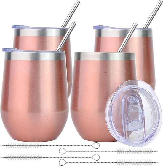 Set di 4 bicchieri in acciaio inossidabile per vino, bicchiere da portare con tappo, regalo di Natale per donne, set di regali per vino con tappo, per caffè/champagne/cocktails/bevande calde, 12 oz rosé oro x 4