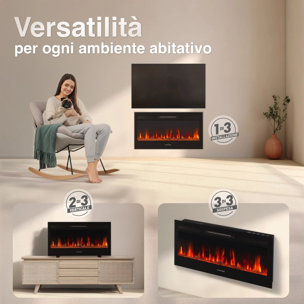 KAMINIO Camino elettrico MARLON - Camino elettrico 3 in 1 con riscaldatore, effetto fiamma 3D, 12 colori di fiamma, telecomando - 36 pollici