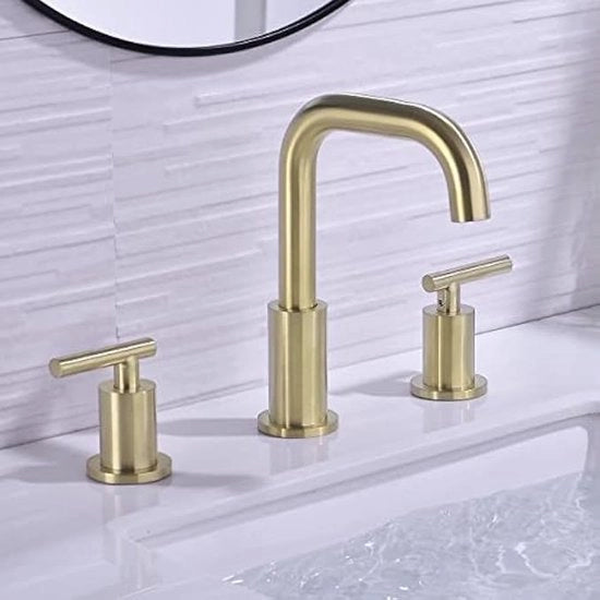 Kraan per bagno con 2 maniglie, 20 cm rubinetto bagno in ottone, 3-gocce ampia maniglia con scarico rotativo 360°, condotto di scarico e tubo di alimentazione CUPC, finitura lucidata oro.