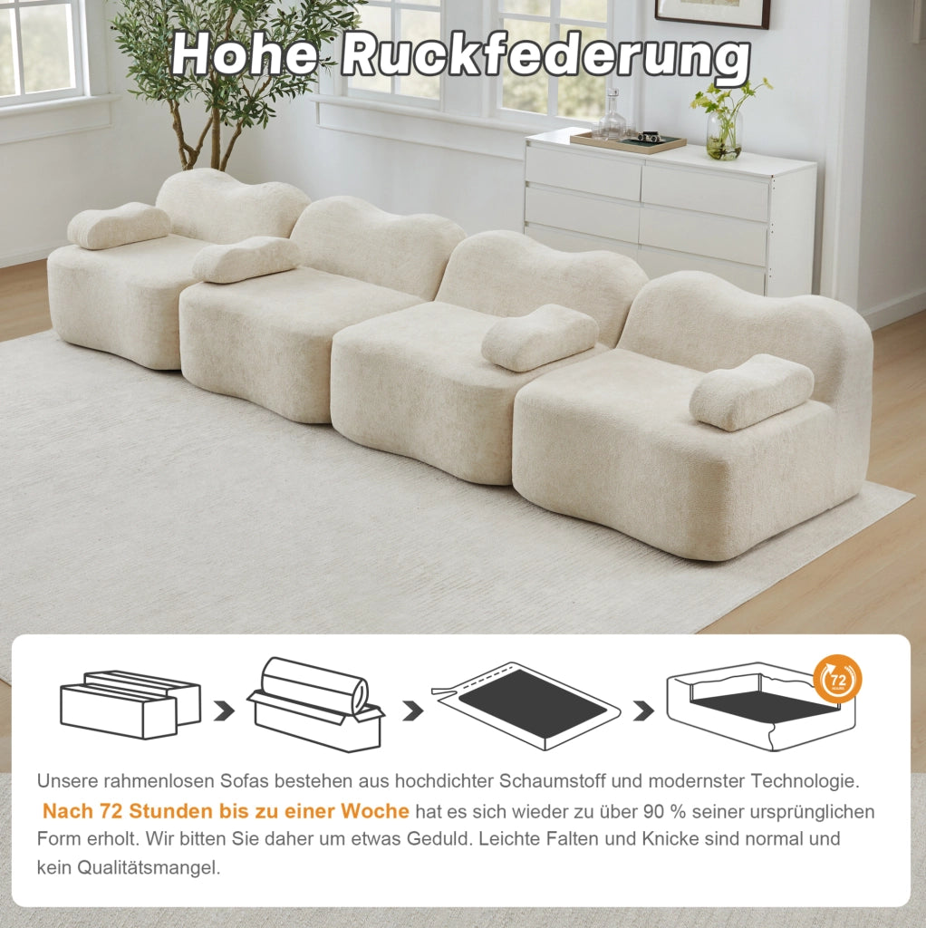 Divano modulare senza braccioli a forma ondulata, 4 posti, beige