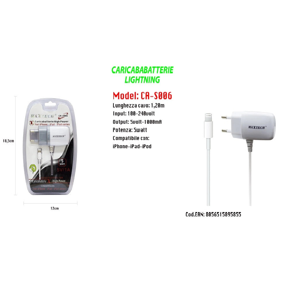 Trade Shop - Caricabatterie High Power Lightning Per Iphone - Ipad - Ipod Series Maxtech Ca-s006 -