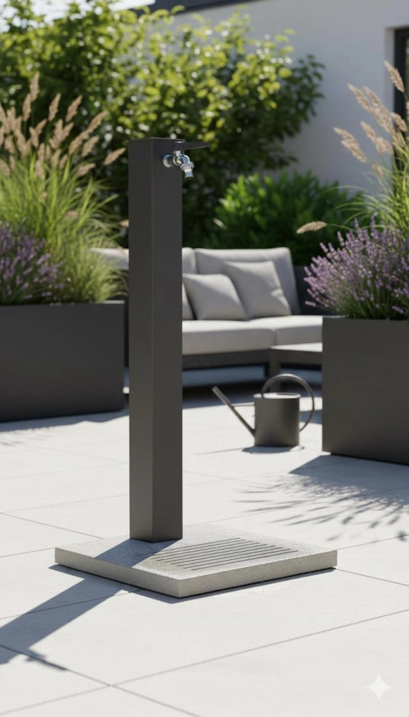 Fontana da Giardino con Rubinetto e Base in Cemento Antracite H91 Cm