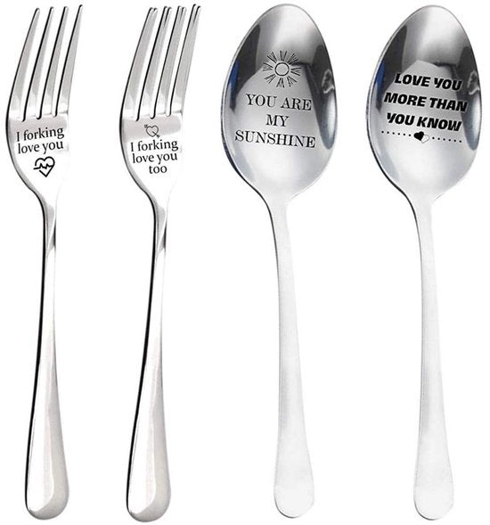 Vassoio con 4 Forchette in Acciaio Inossidabile Gravato - Eseguibile - Utensili da Cucina Sostenibili - Comfortevole da Utilizzare