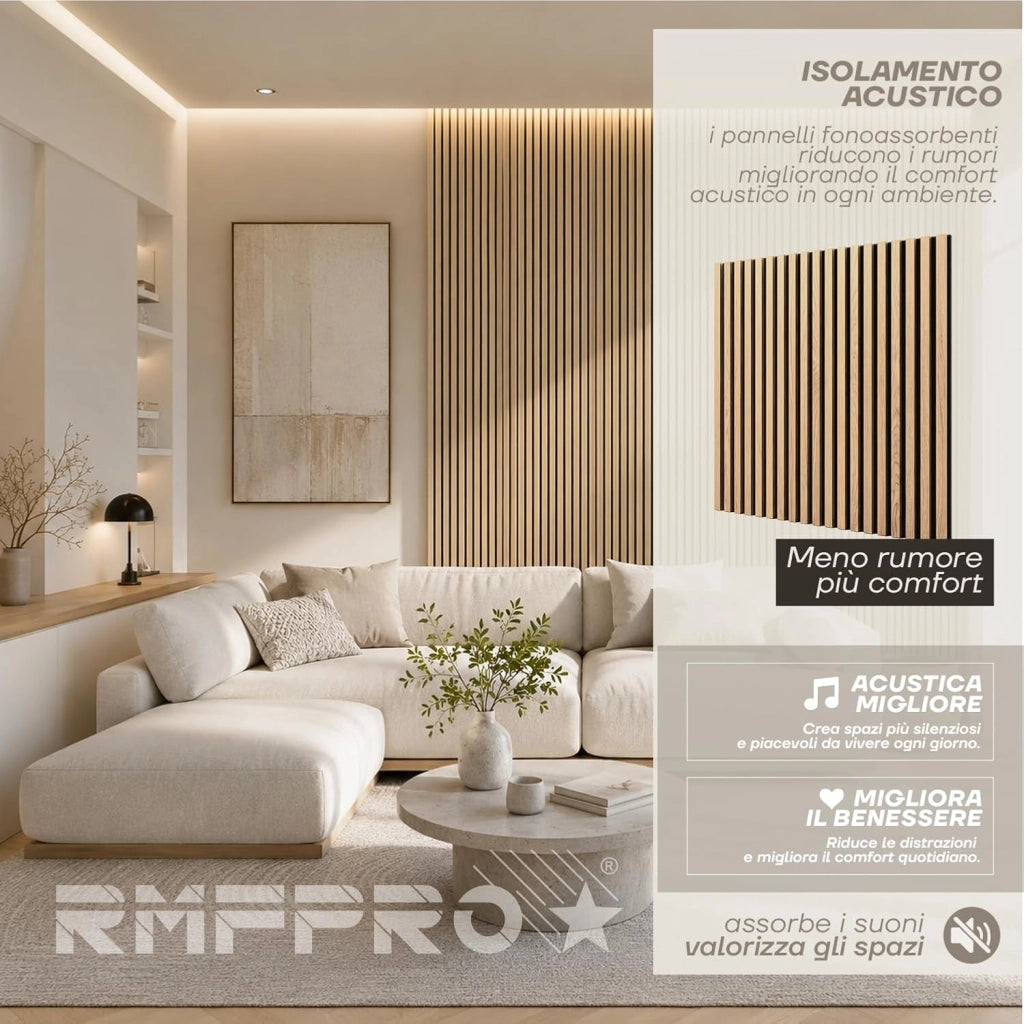 RMF PRO  Set 5 Pannelli Decorativi Per Parete in Legno Naturale 60x60, Rovere Bianco - Pannelli Fonoassorbenti Decorativi con Assorbimento Acustico, Decorazioni Interni - Pannelli Legno per Pareti