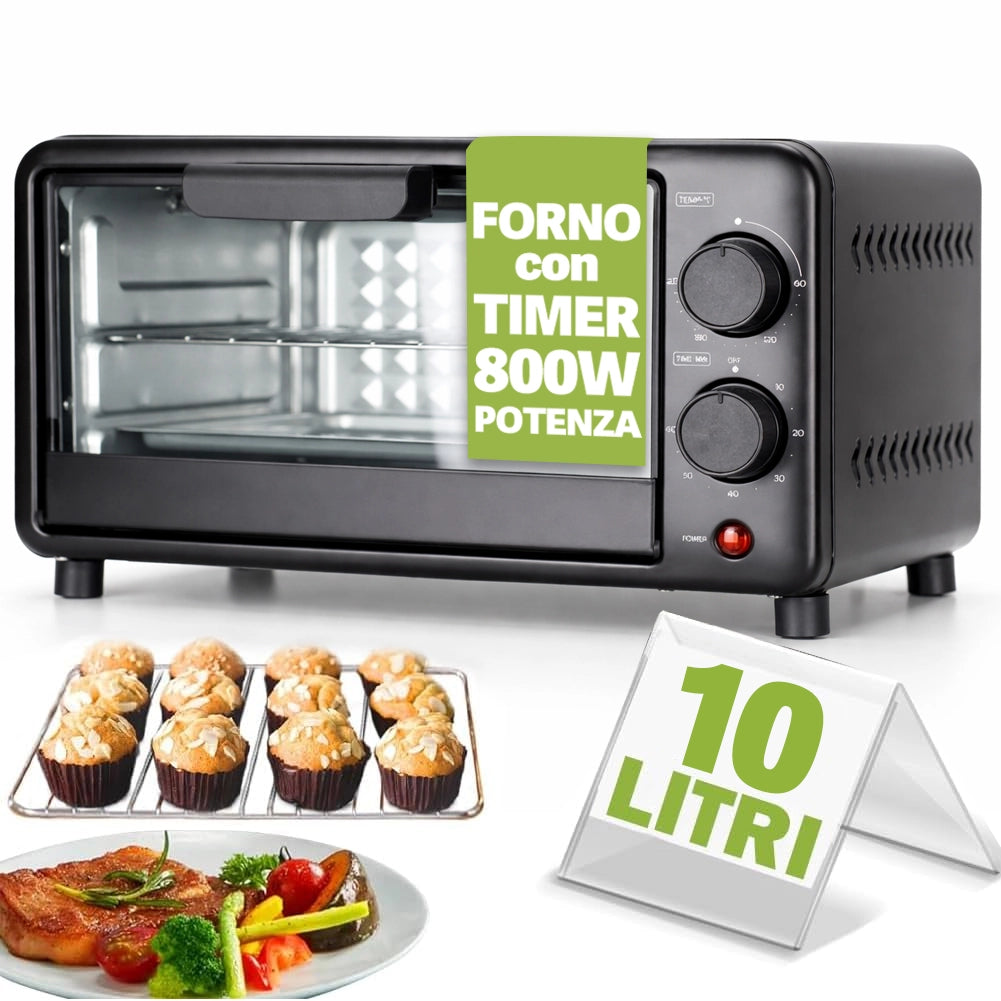 Forno Elettrico Capacità 10 Litri Potenza 800W Temperatura Regolabile e Timer