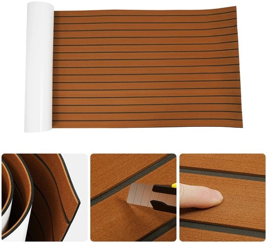 Pavimento in gommapiuma EVA autofissante 240x90x0,6cm con finitura in legno di teak imitazione, con design a strisce orizzontali, idoneo per imbarcazioni, lavabile