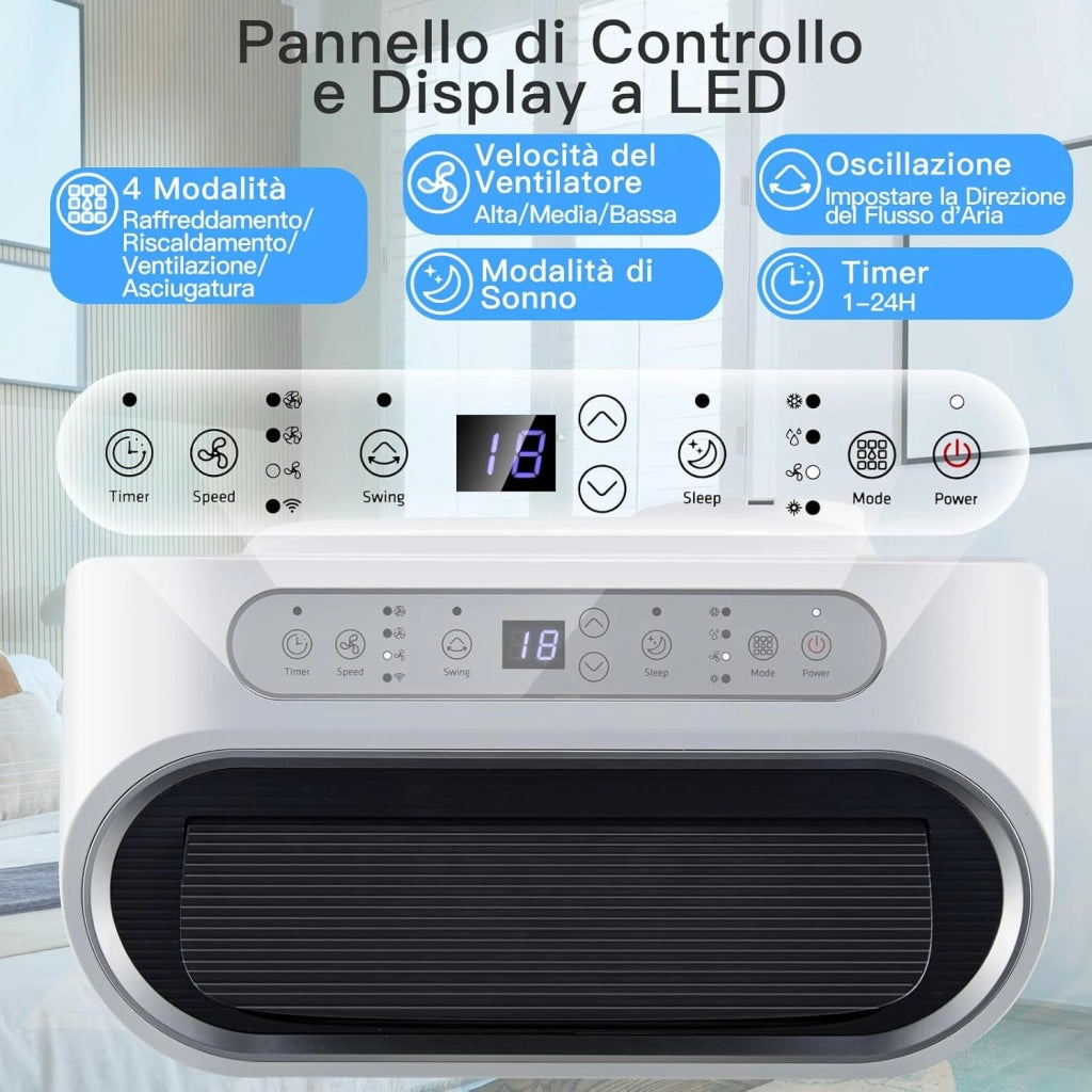 Condizionatore Portatile Caldo e Freddo, 14000BTU/4,1 kW, 5 in 1 Con Raffreddamento, Riscaldamento, Ventola, Deumidificazione e Modalità Notturna, 24H Timer, R290 (14000BTU|28m²+)