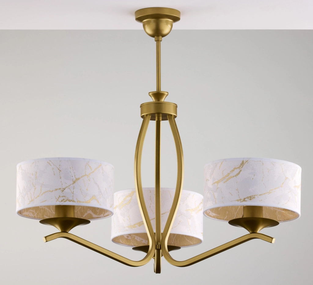 Lampada sospensione oro, 3 paralumi bianchi E27 Jupiter