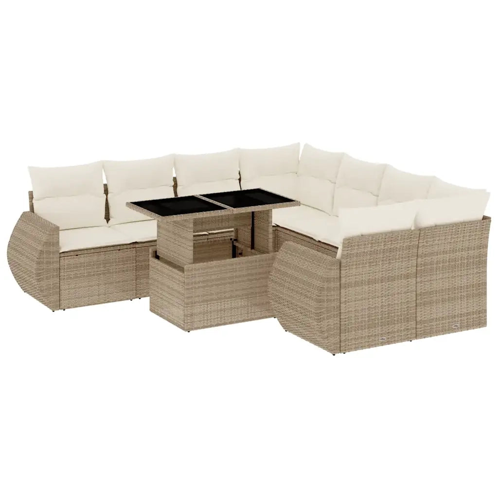 Set Divano da Giardino 9 pz con Cuscini Beige in Polyrattan