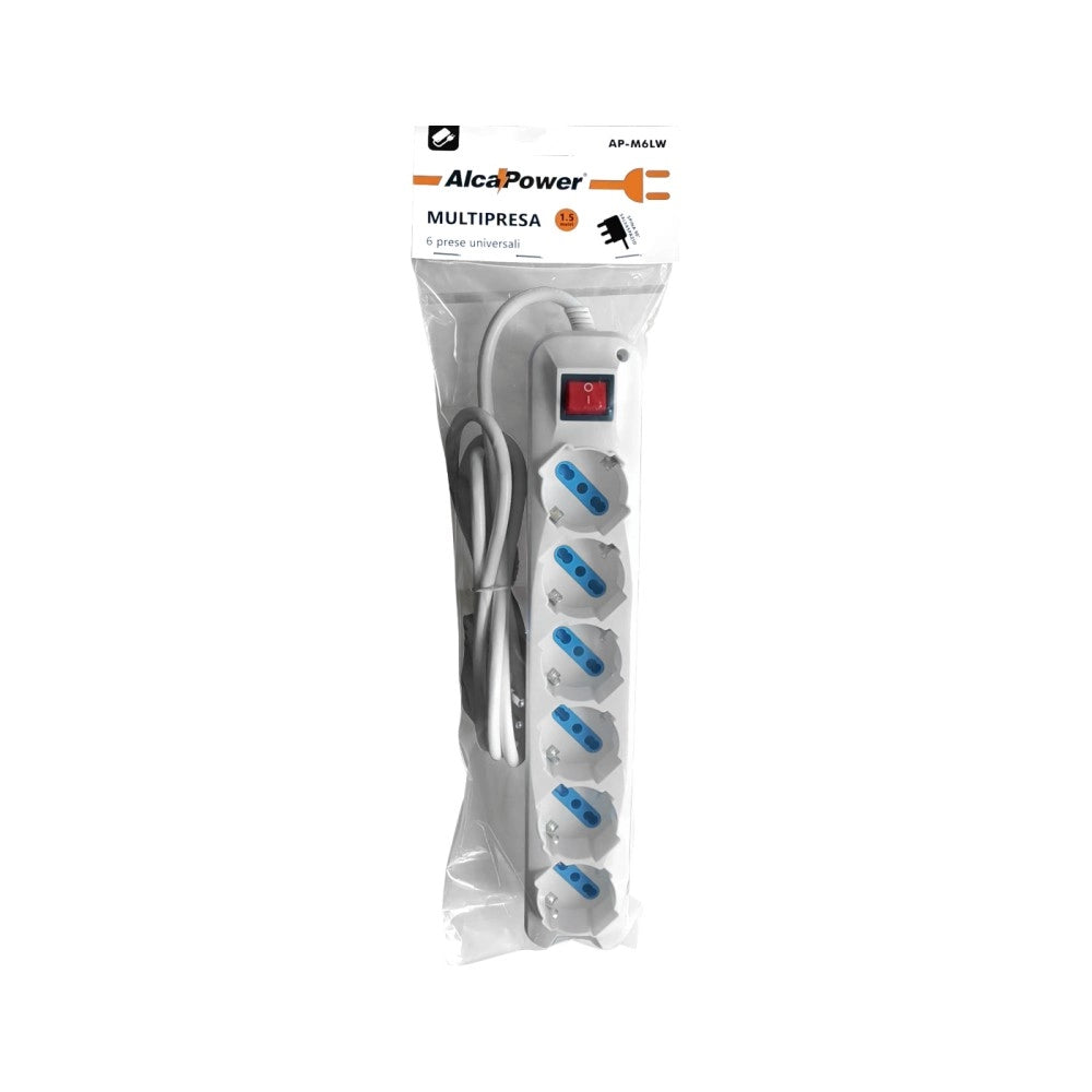 Alca power multipresa bianca con 6 prese universale spina a 90° cavo da 1,5mt con interruttore