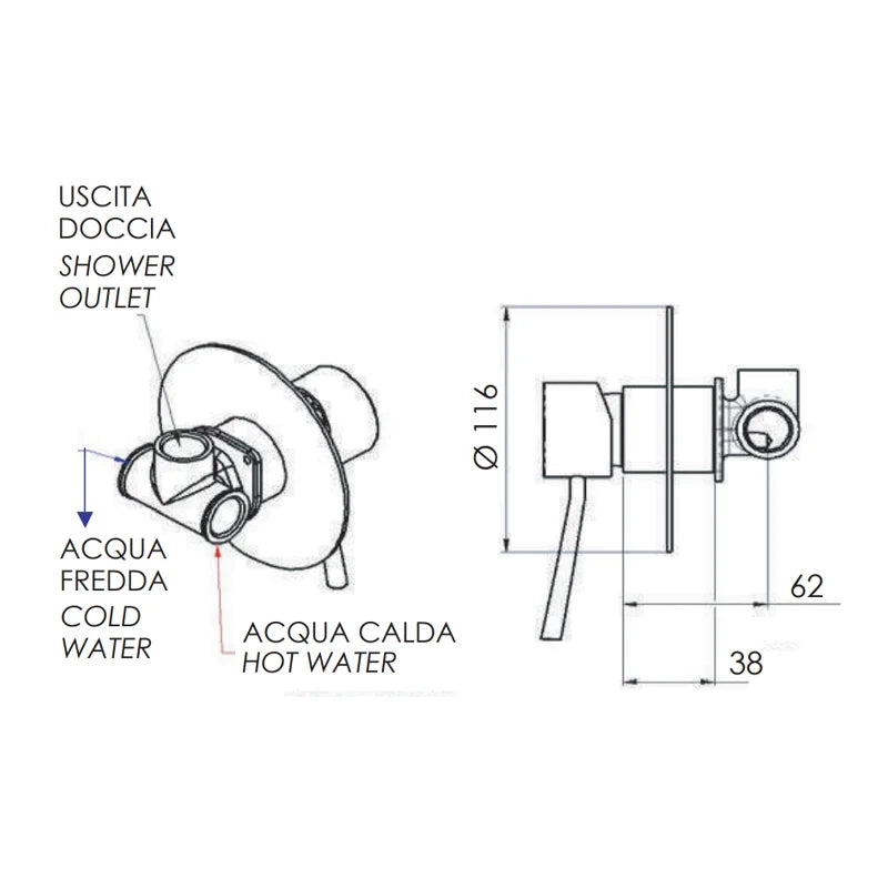 Rubinetto monocomando da incasso per doccia con piastra lusso serie minimal