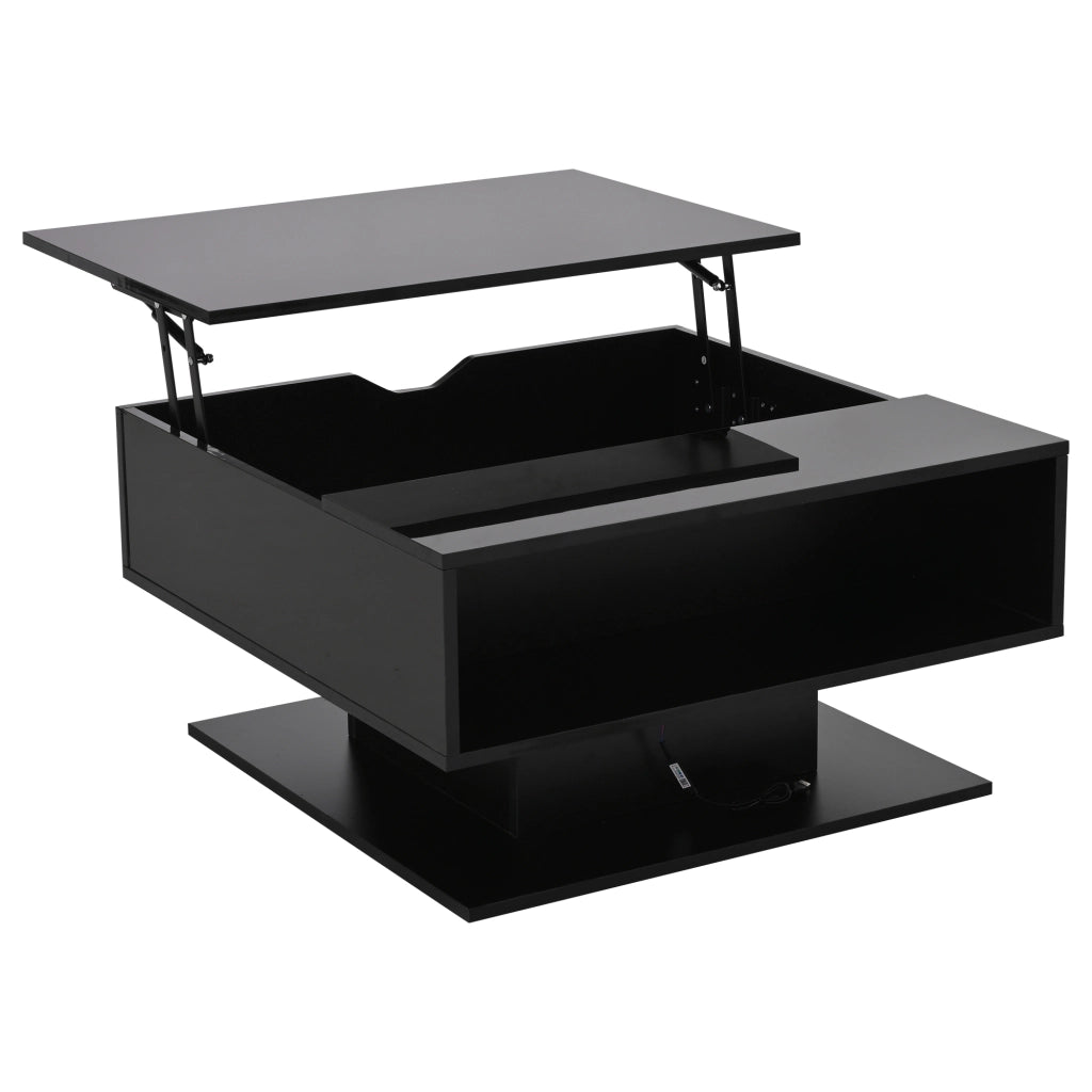 OKWISH Tavolino da Salotto Alzabile con Vano Contenitore e Spazio Semiaperto, LED, per Soggiorno, Pannello di Particelle, Nero, 80 x 75 x 40 cm