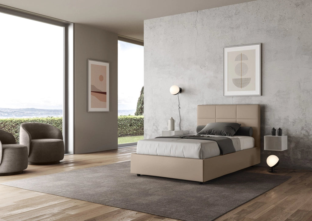 Letto Matrimoniale Francese 140x210 cm con Rete e Contenitore Mika Tortora