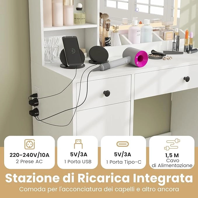 Tavolo da Toeletta con Luci, Set Tavolo e Sgabello con Stazione di Ricarica, Luci a 3 Colori, 2 Cassetti, 3 Ripiani, Sgabello con Contenitore, 90 x 40 x 135 cm, per Soggiorno Camera da Letto
