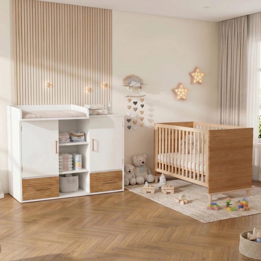 Camera completa con fasciatoio e letto con sbarre in legno massello e MDF bianco
