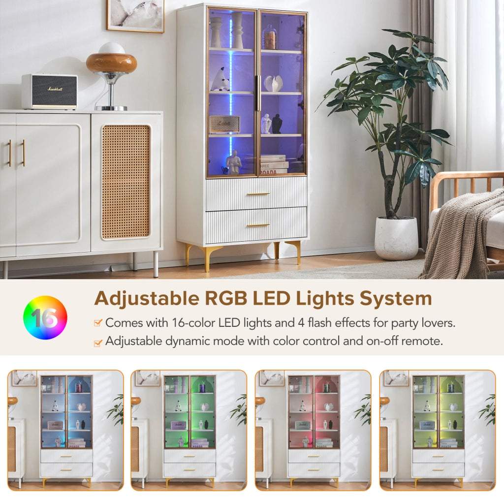 OKWISH Set da 2 Vetrine da Soggiorno con Ante Doppie, Ripiani Regolabili, LED e Cassetti, in Pannello Truciolare Bianco