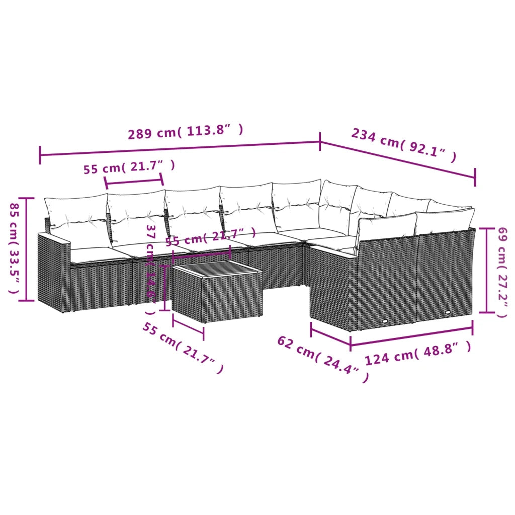 Set Divano da Giardino 10 pz con Cuscini Beige in Polyrattan