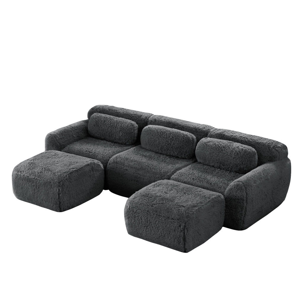 Divano Modulare U a 5 Posti ¨C Xylo ¨C Tessuto Velluto Grigio con Cuscini