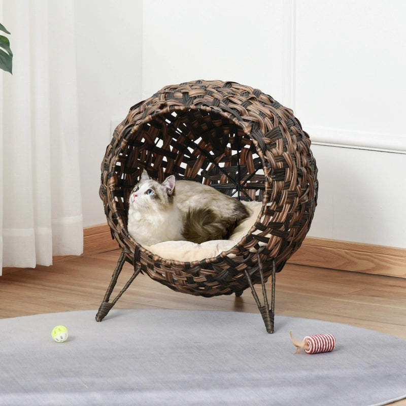 Cuccia per gatti in rattan PE con cuscino in velluto e poliestere base rialzata marrone