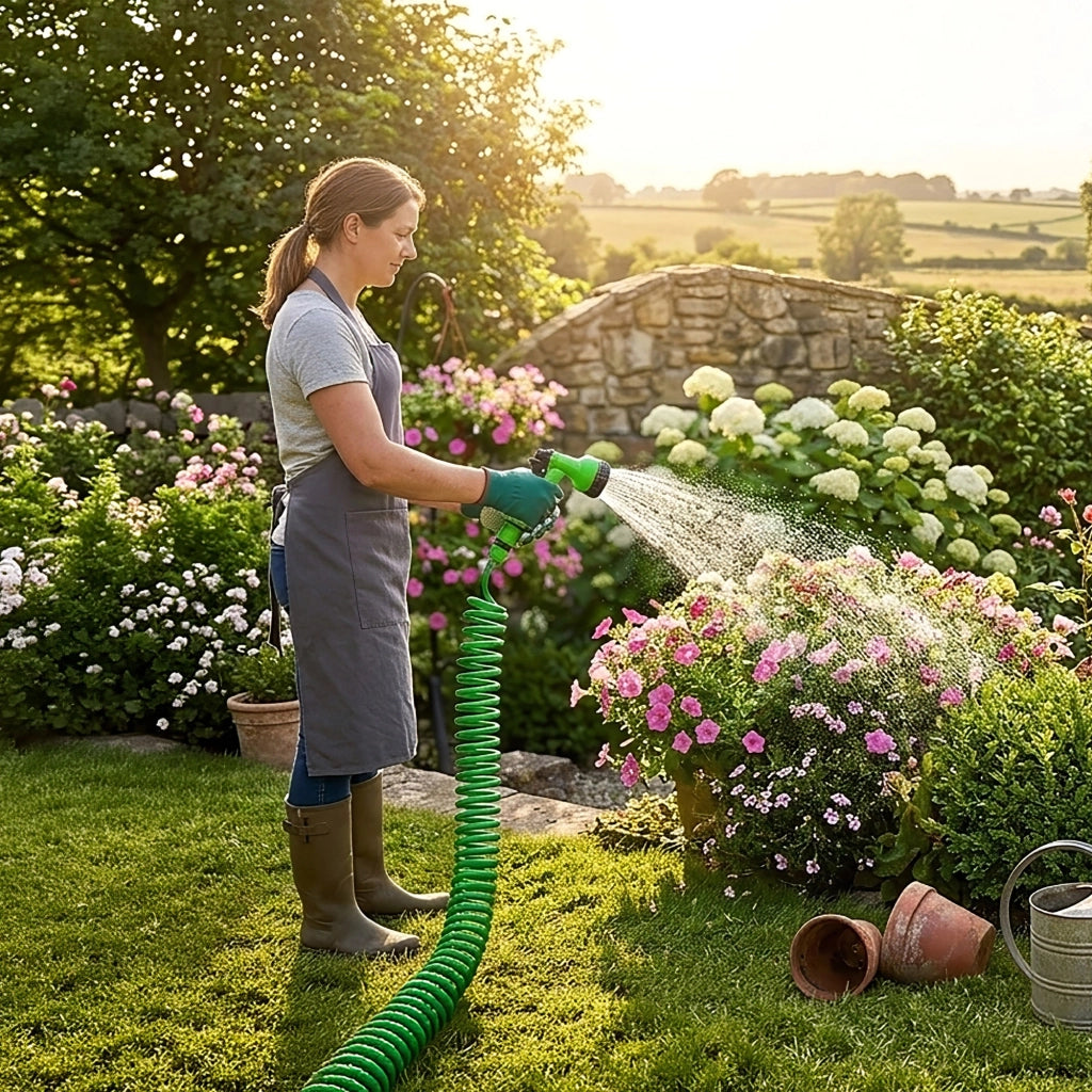 Tubo Irrigazione Spiralato con Pistola Multifunzione 7,5 / 10 / 15 m Estensibile da Giardino con Raccordi Rapidi 15 Metri