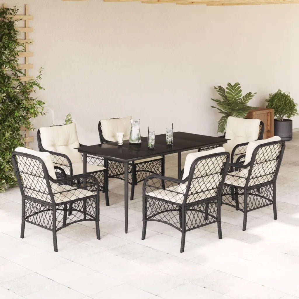 Set da Pranzo da Giardino 7 pz Nero con Cuscini in Polyrattan