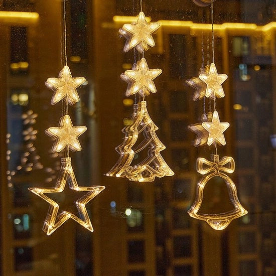 Decorazione per finestra a LED multi-color con forma di stella, campanello e albero di Natale, 3 pezzi, per lampada a incasso con zucca, stella a 5 punte, campanello e albero di Natale, con effetto caldo, senza batterie.