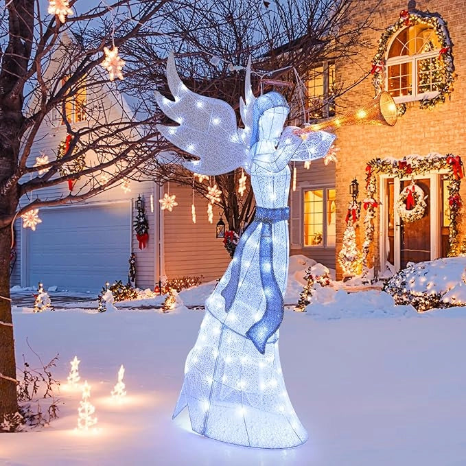 Angelo Natalizio Illuminato da Esterno 156 cm, Angelo 3D con 100 Luci Bianche Calde Pre-Illuminate, Decorazione Natalizia per Giardino, Cortile e Prato