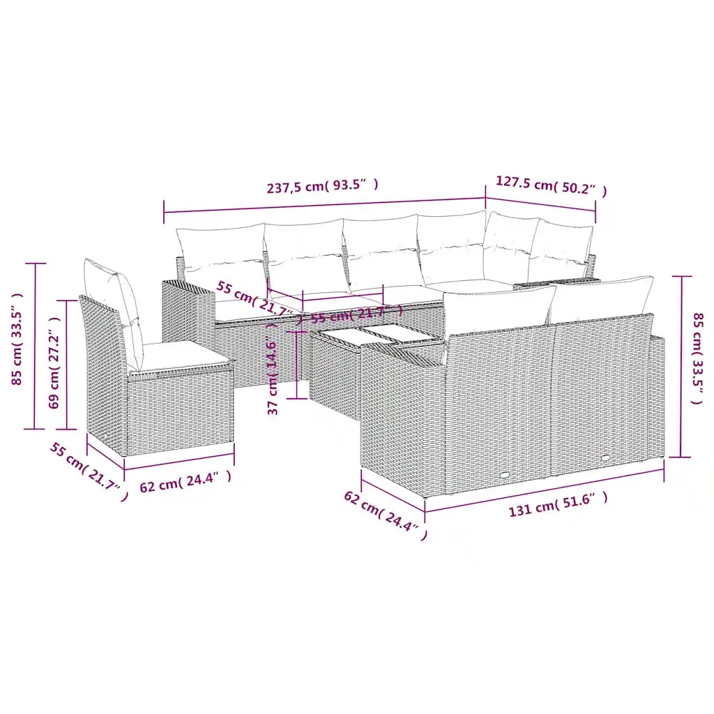 Set Divani da Giardino 9pz con Cuscini Marrone in Polyrattan 3219243