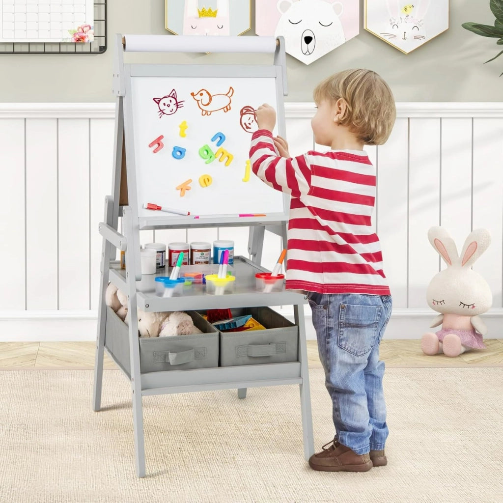 Cavalletto 3 in 1 per bambini, Cavalletto con doppia faccia magnetica e lavagna bianca Grigio-Cavalletti e lavagne bambini