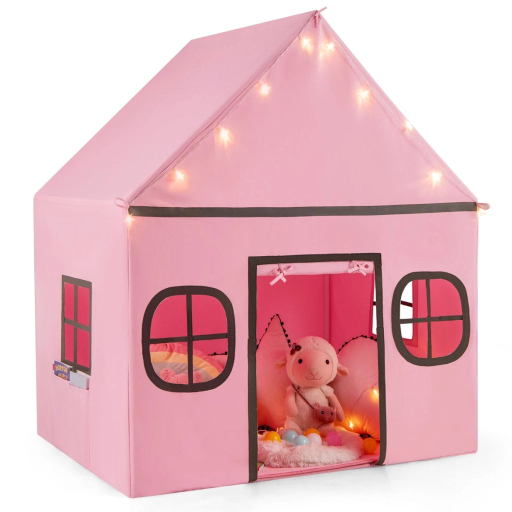 Tenda da gioco per bambini con tenda porta e finestre e luci a stella, Tenda da interno per bambini e bambine 3-10 anni Rosa