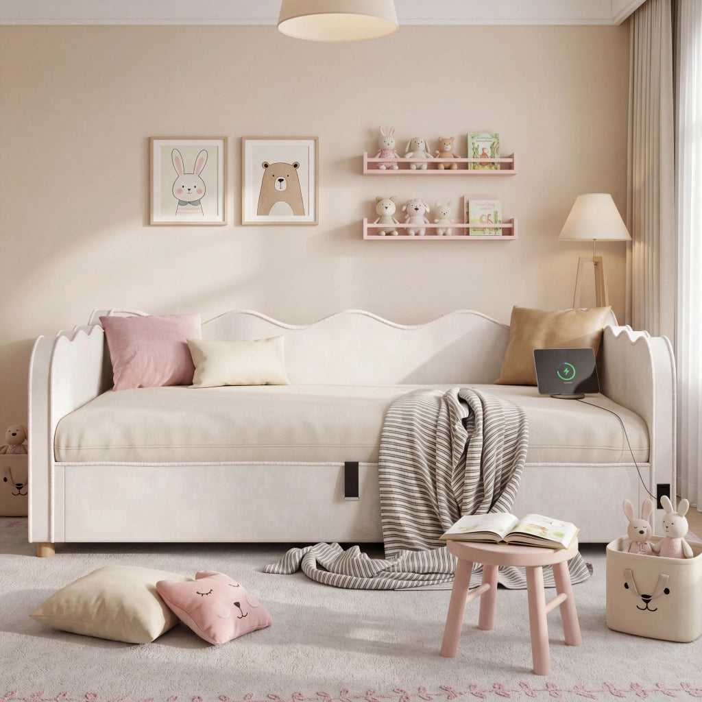 Letto imbottito 90x200 cm con contenitore idraulico, struttura con rete, velluto beige, USB e Type-C