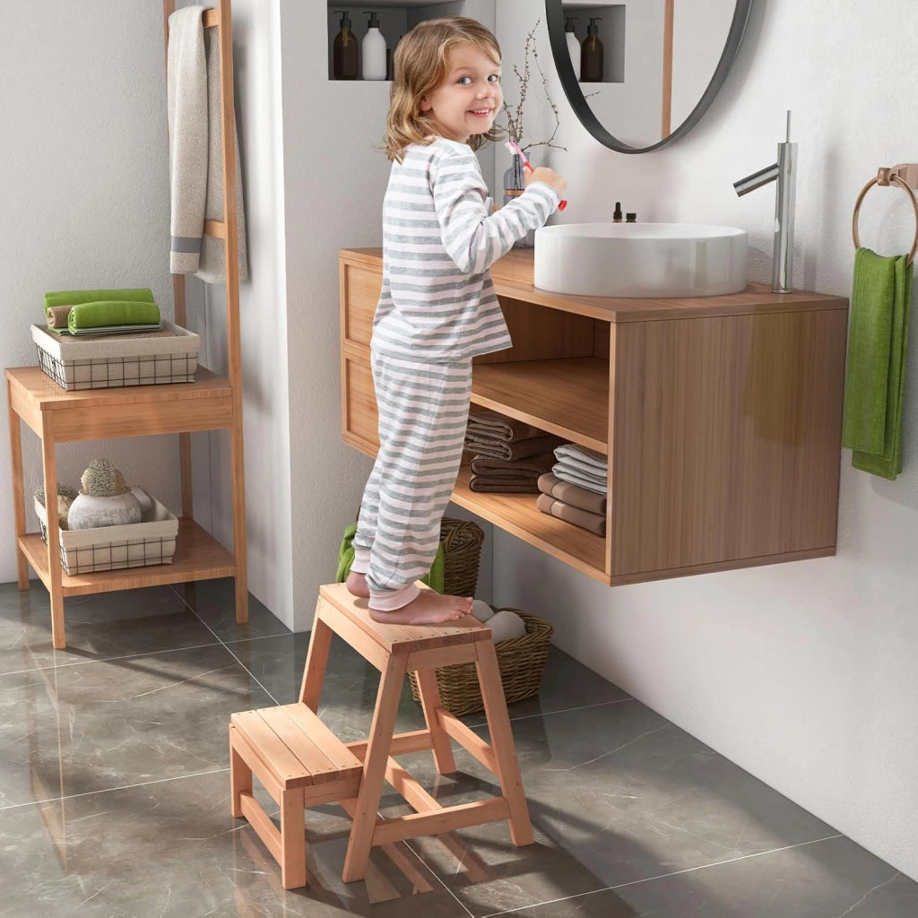 Sgabello Scala in Legno di Abete a 2 Gradini a Ribalta, Scaletta Pieghevole Salvaspazio per Bagno e Libreria, Scaletta Portavasi Multiuso Mensola Fioriere per Balconi e Casa, 50 x 39 x 45 cm