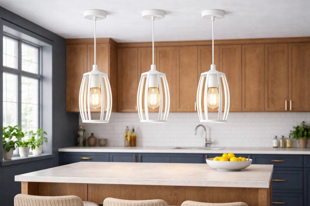 Lampadario Industriale a Sospensione E27 Bianco in Metallo, Gabbia Vintage, Lampada a Soffitto per Cucina Isola Soggiorno Ristorante, Lampadina Non Inclusa