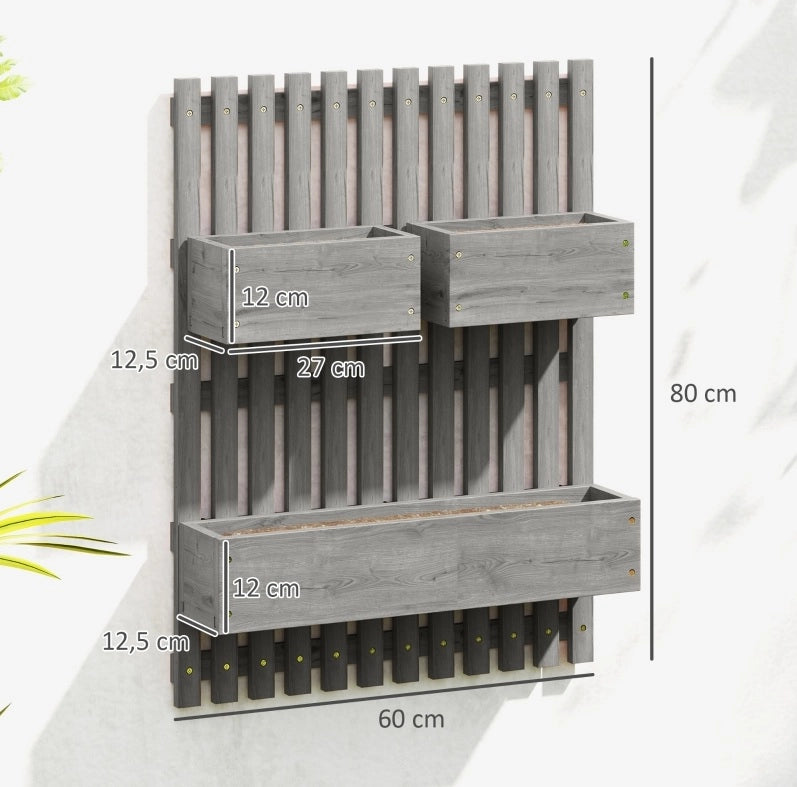 Set di 3 fioriere da parete 60x16x80 cm in legno grigio con drenaggio