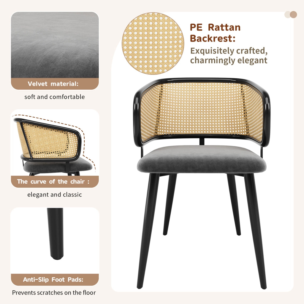 2 sedie da pranzo in rattan con cuscino in velluto e design antiscivolo gambe in ferro effetto legno grigio