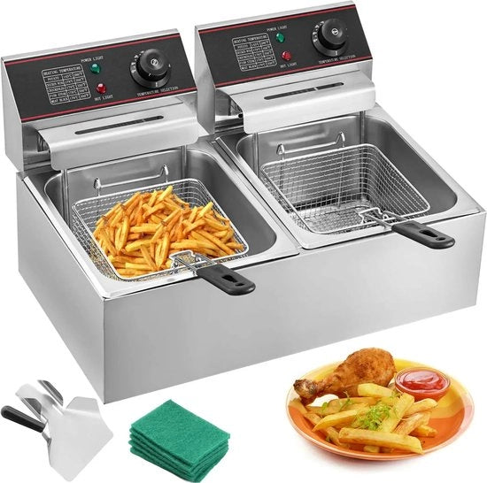 Friteuse a Doppia Cassetta - Frittoia a Doppia Ciotola - Ciotola Frittoia Doppia - 2 x 6 Litri - Argento