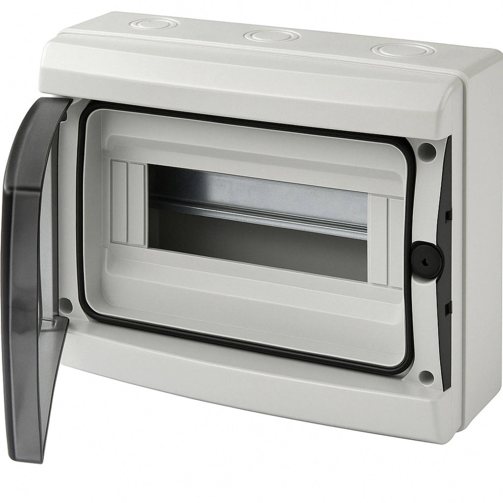 Centralino da parete 12 moduli con portello fumé, grigio RAL 7035, 280x220x100 mm, IP65, ideale per installazioni elettriche interne ed esterne