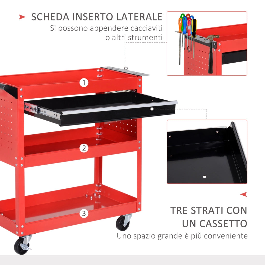 Carrello Porta Utensili con Maniglia e Cassetto 3 Ripiani ¨C Xylo ¨C Acciaio Rosso 82x35x76cm