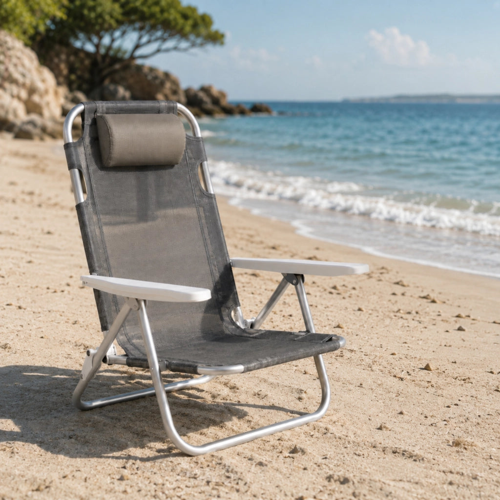Spiaggina Reclinabile Da Mare Con Poggiatesta Imbottito Sedia Pieghevole Trasformabile In Lettino Per Campeggio Spiaggia Relax Outdoor 48.5 x 60 x 80 Cm Grigio