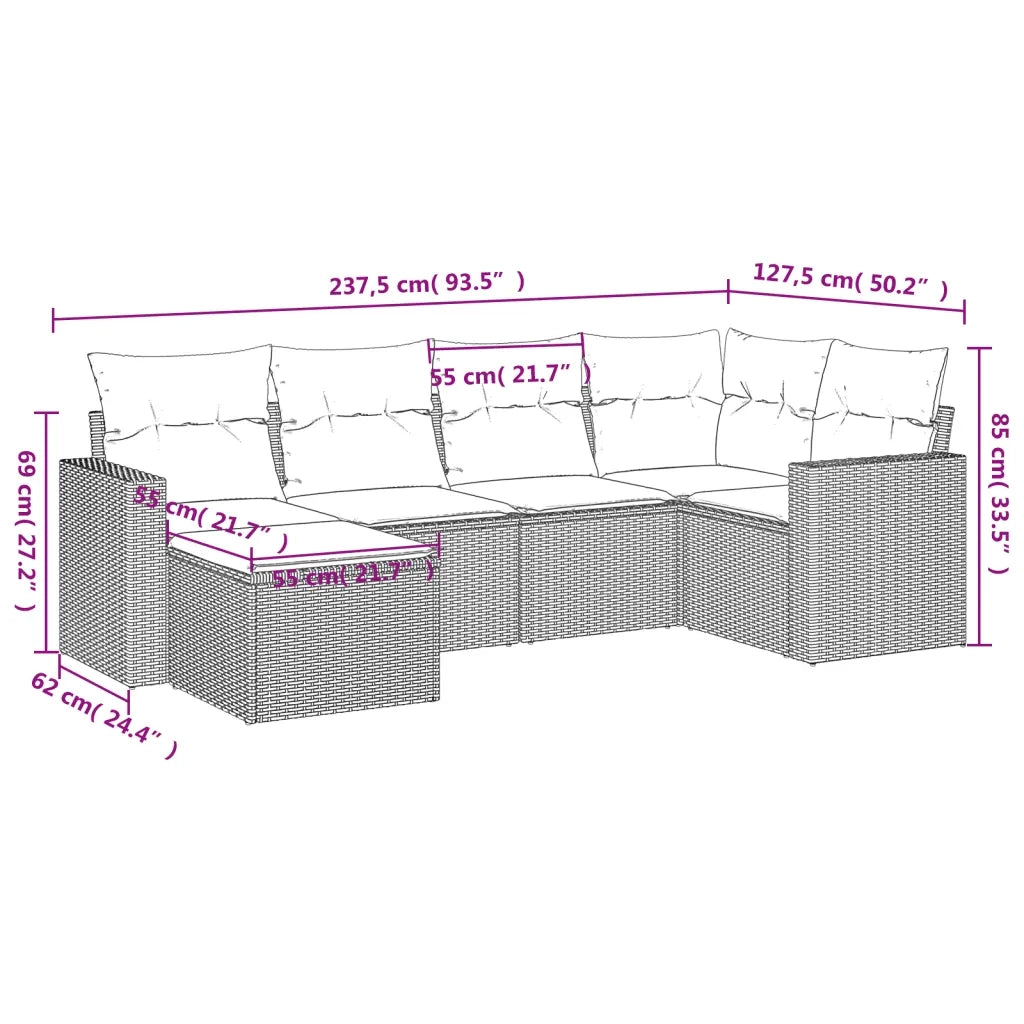 Set Divano da Giardino 6 pz con Cuscini Beige in Polyrattan