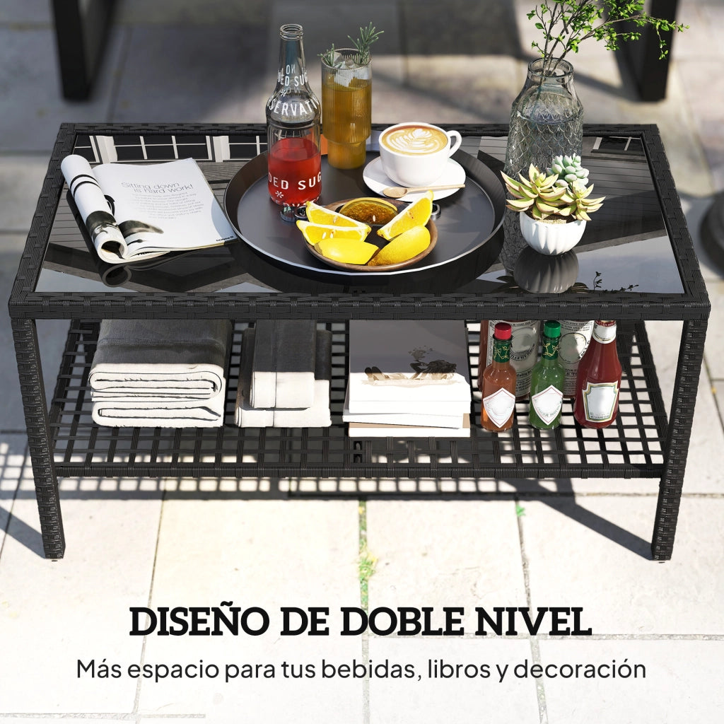 Tavolino da giardino in rattan con piano in vetro e struttura in acciaio ¨C Minimal ¨C Nero 92x50x45 cm